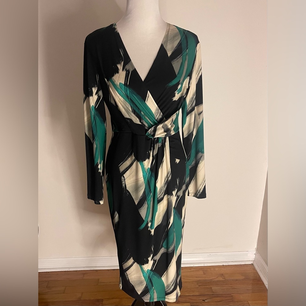 Joseph Ribkoff Black and Green Patterned Wrap Style Dress
